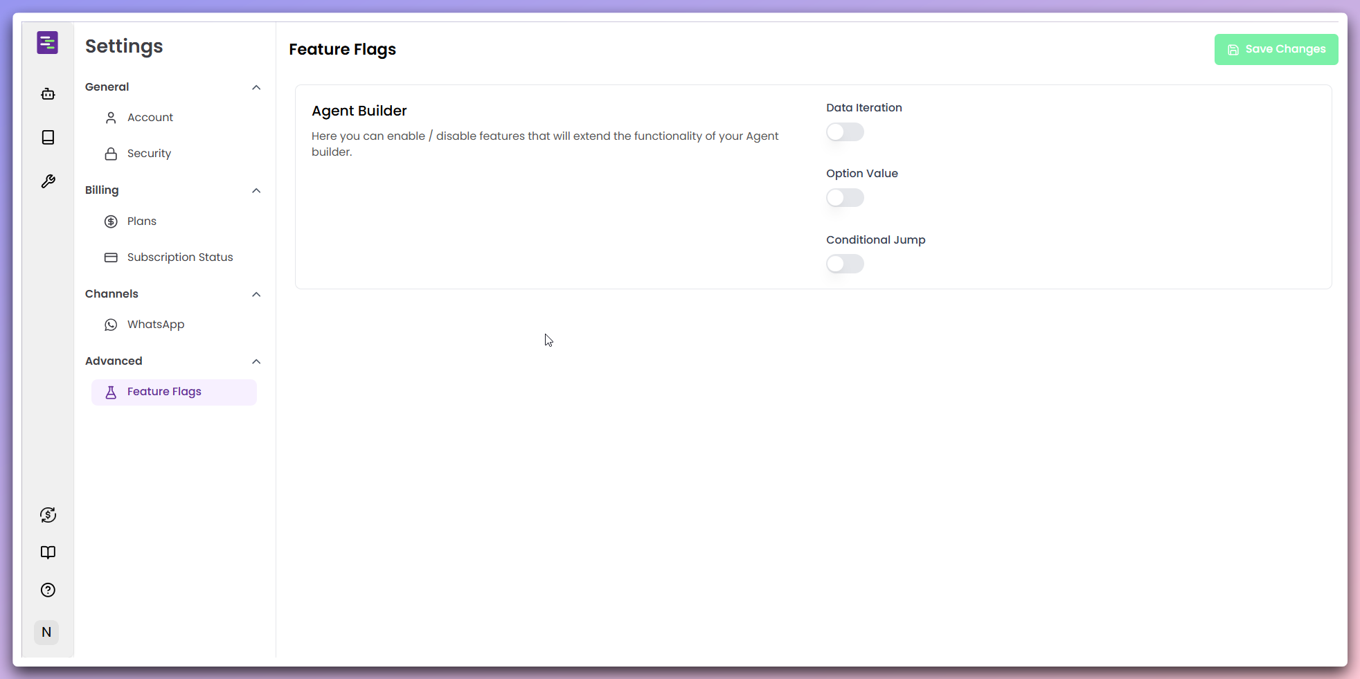 Advanced settings showing feature flags and advanced configurations