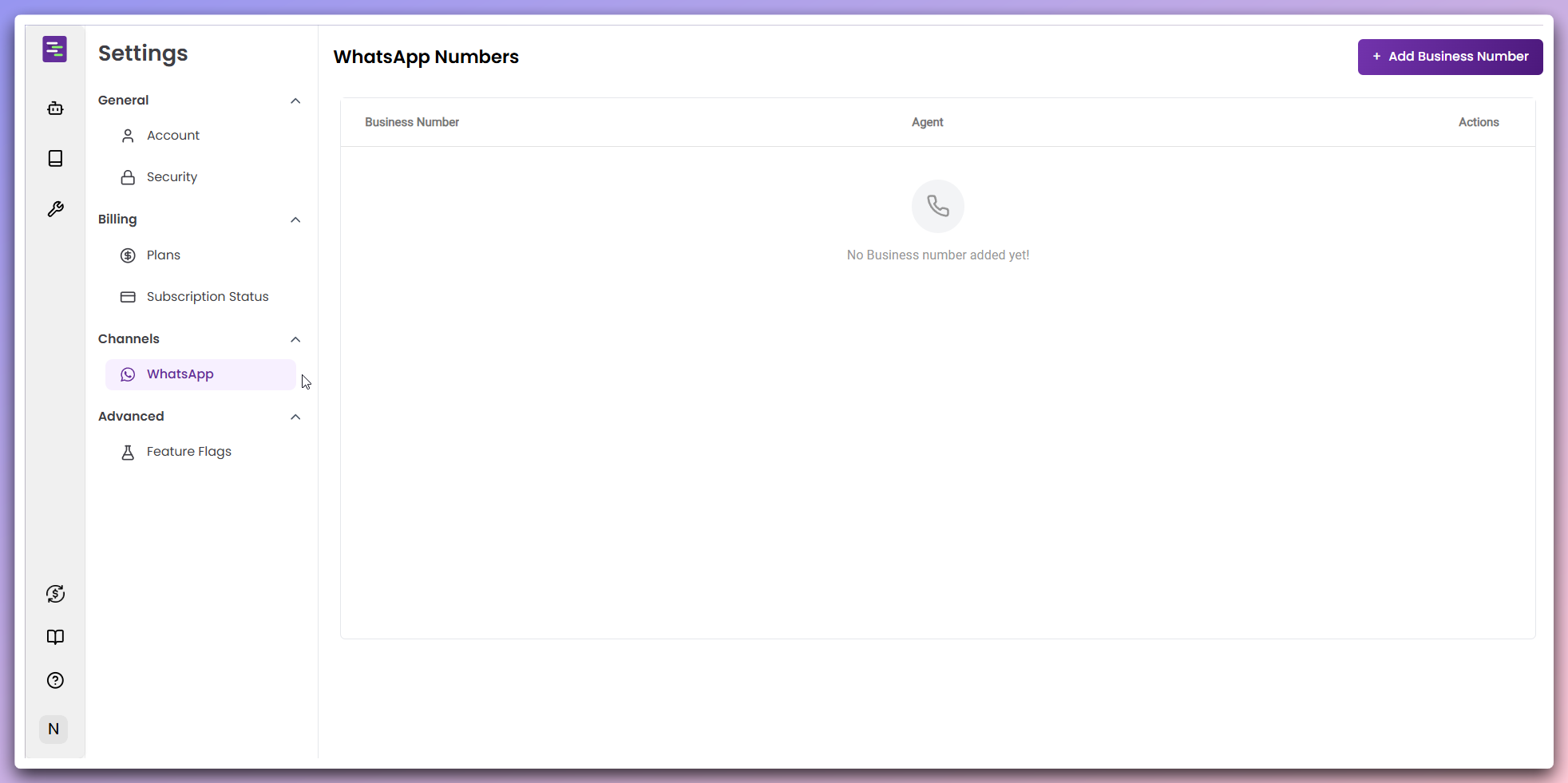 WhatsApp Numbers page with Add Business Number button