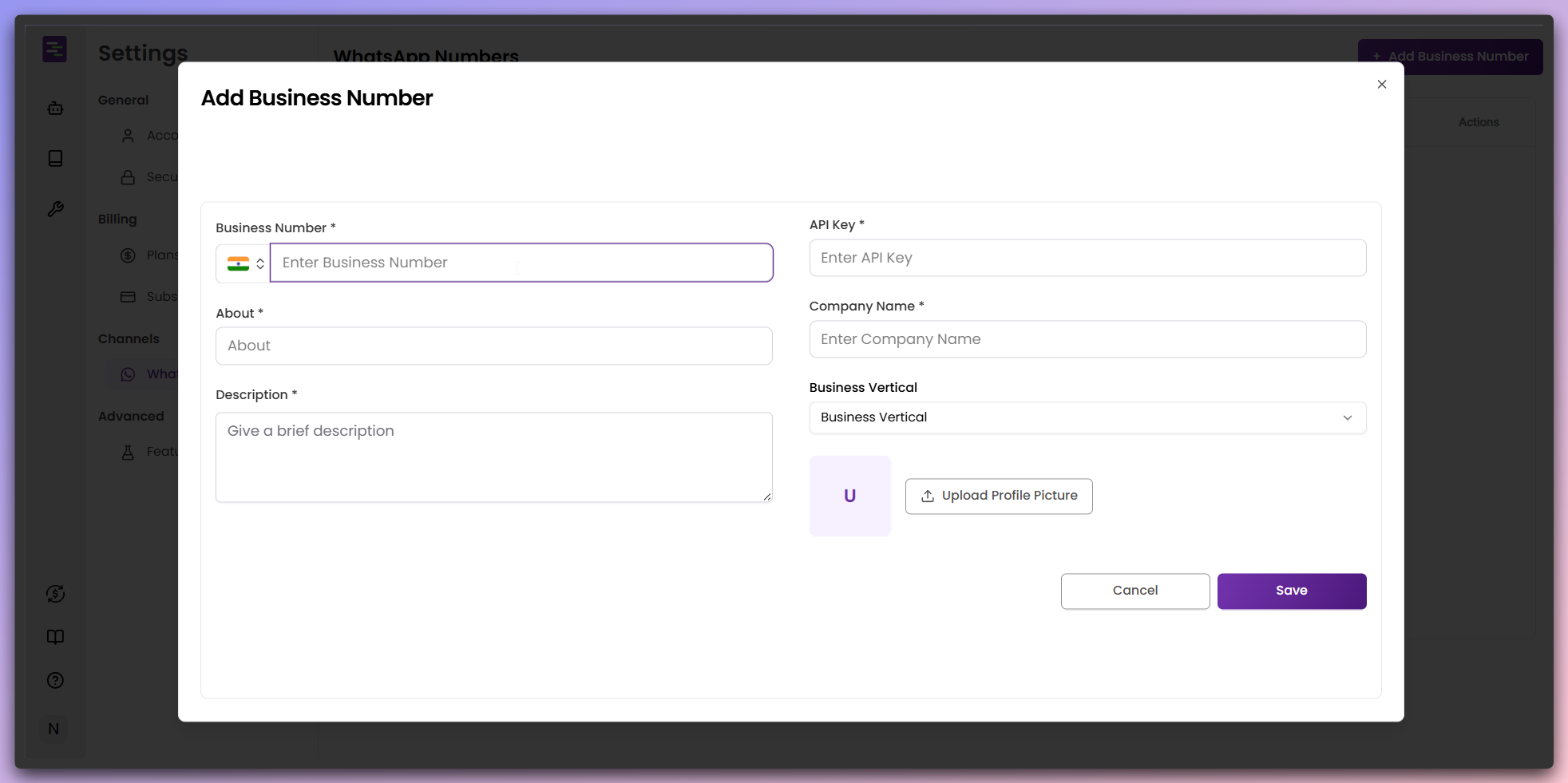 Add Business Number modal with configuration form