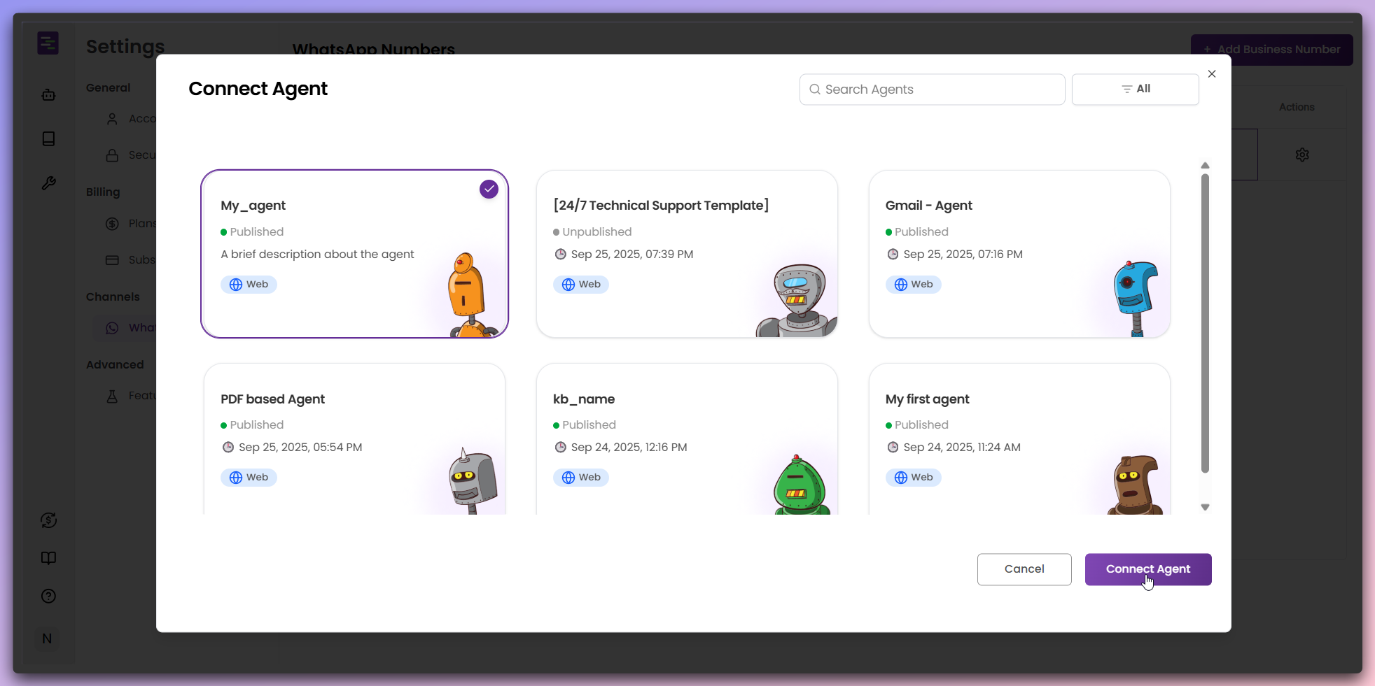 Agent selection modal with available agents