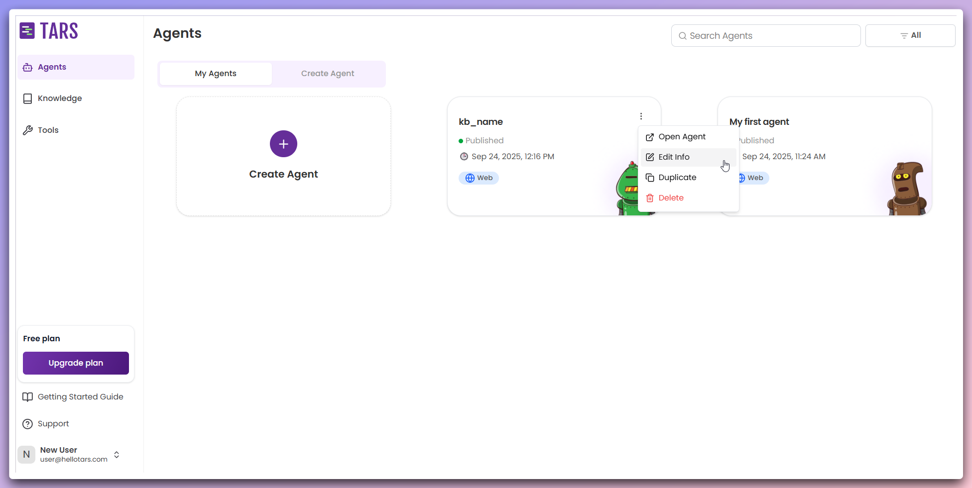 Agent card quick actions menu