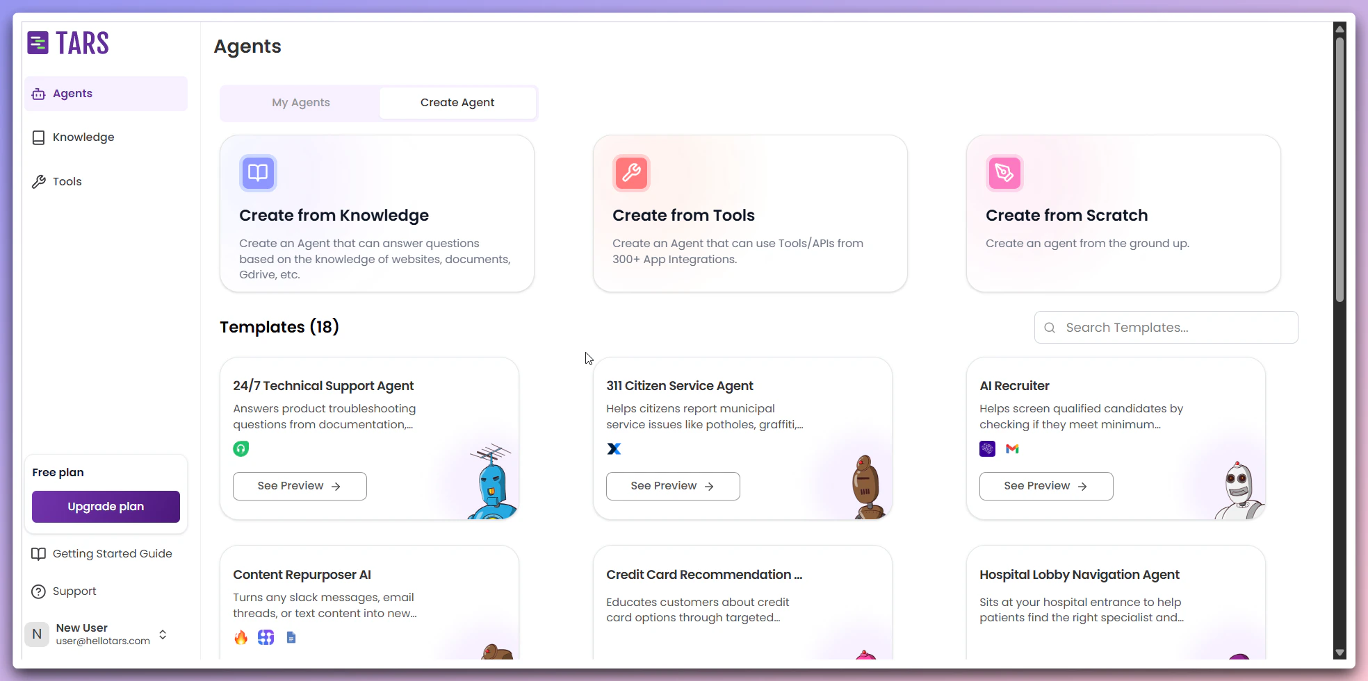 Create Agent page showing four creation options: From Tool, From Knowledge, From Scratch, and Templates