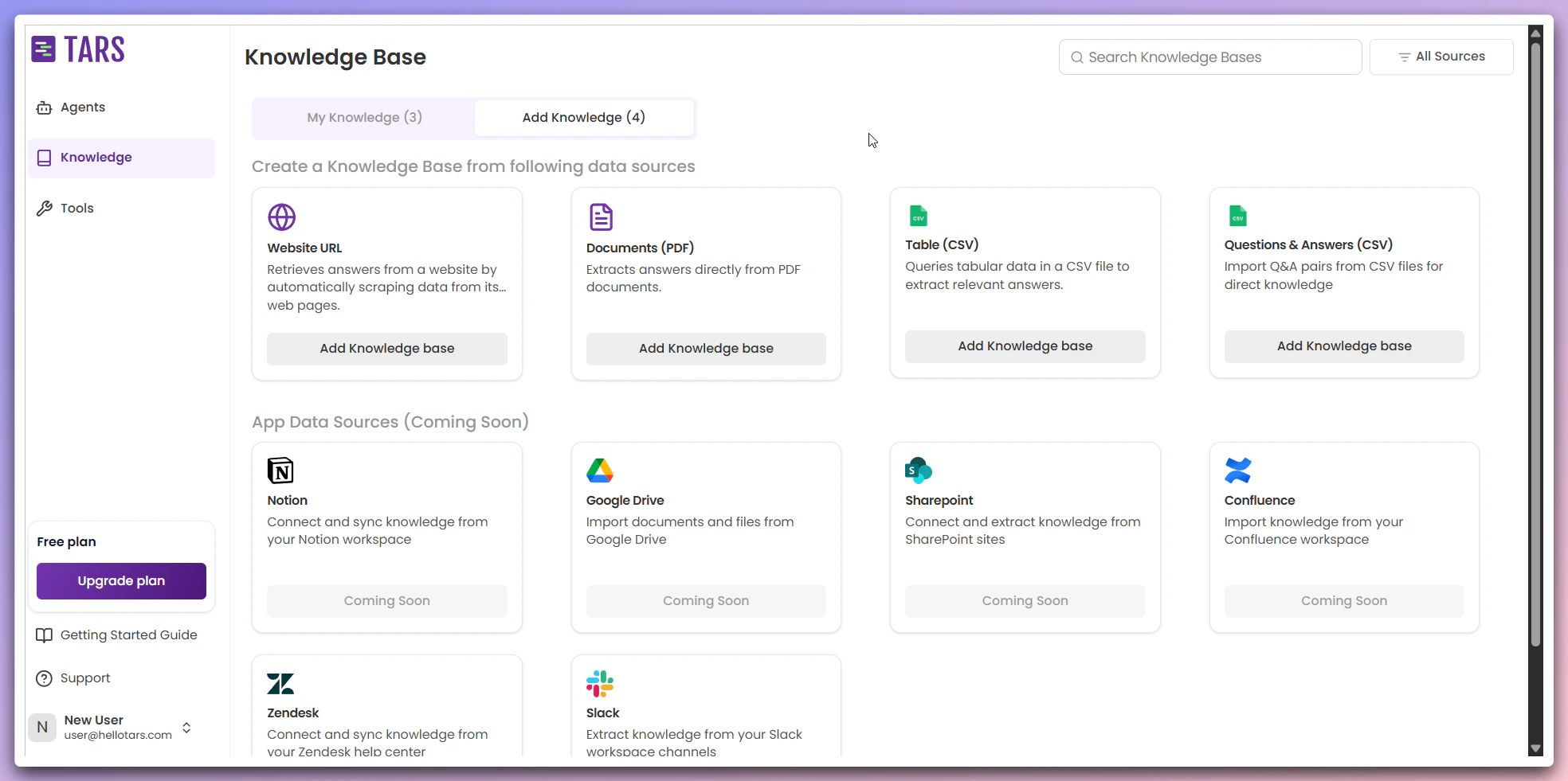 Create Knowledge Base options showing available data sources and coming soon integrations