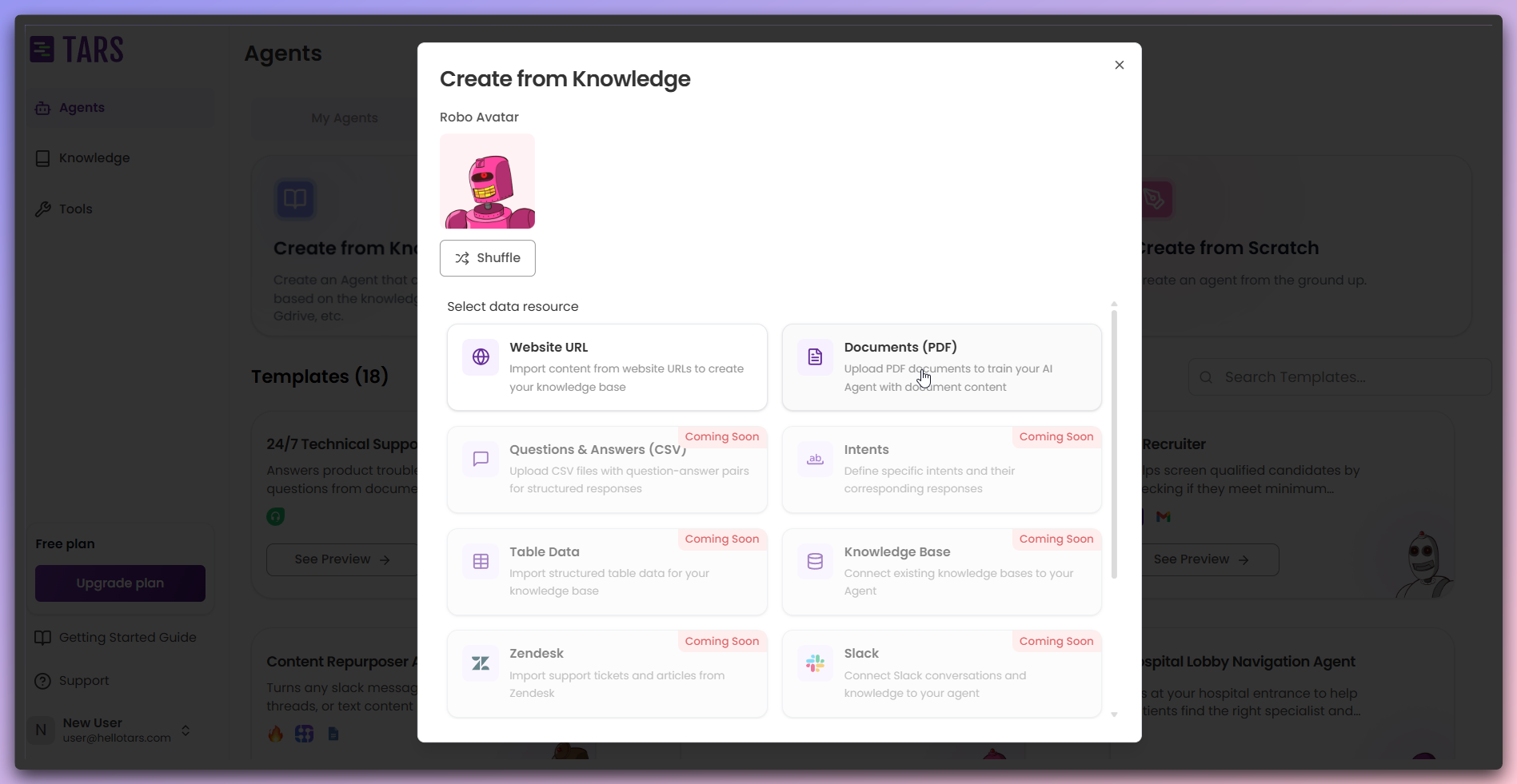 Create Knowledge Base page showing Documents PDF card selection
