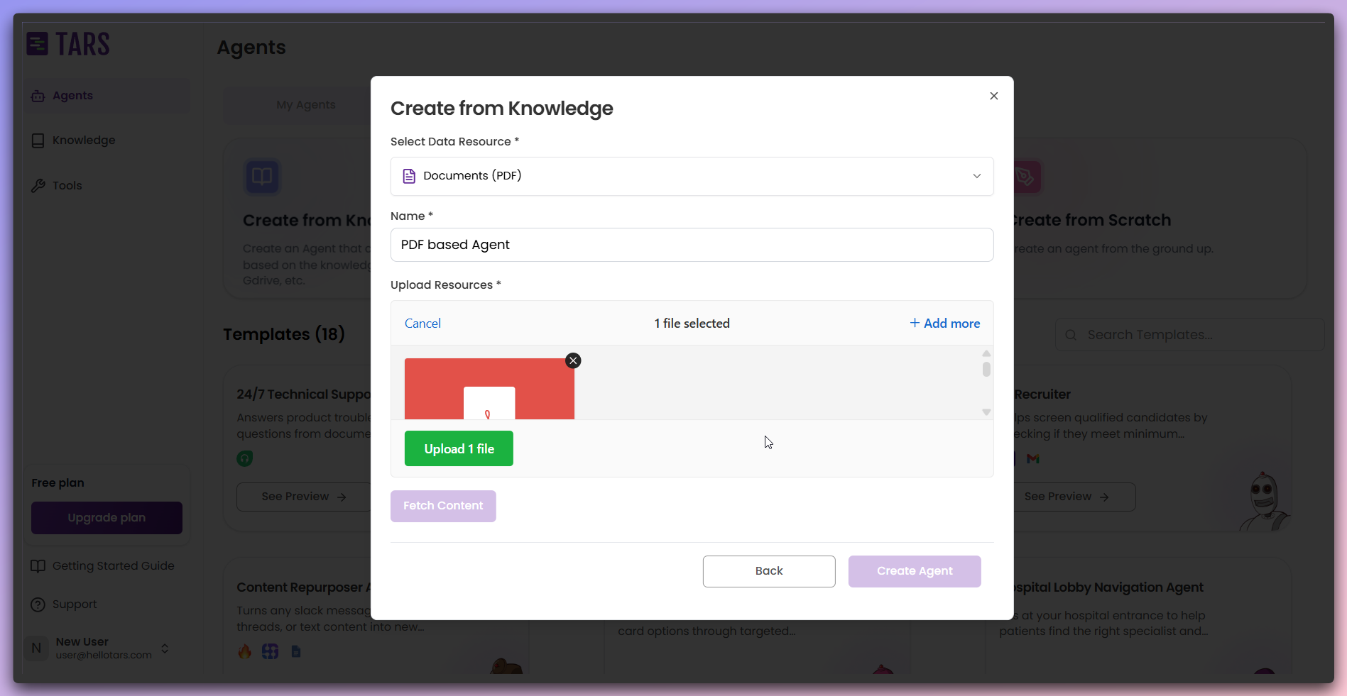 Knowledge base configuration showing name field and file upload area