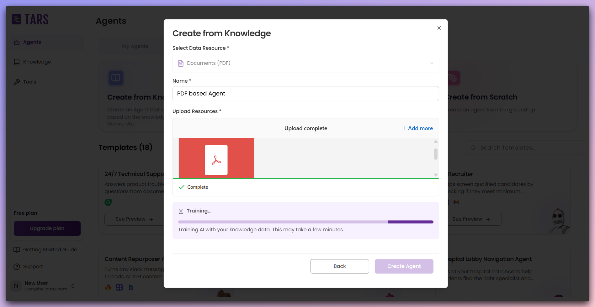 Active training process showing real-time PDF content training progress