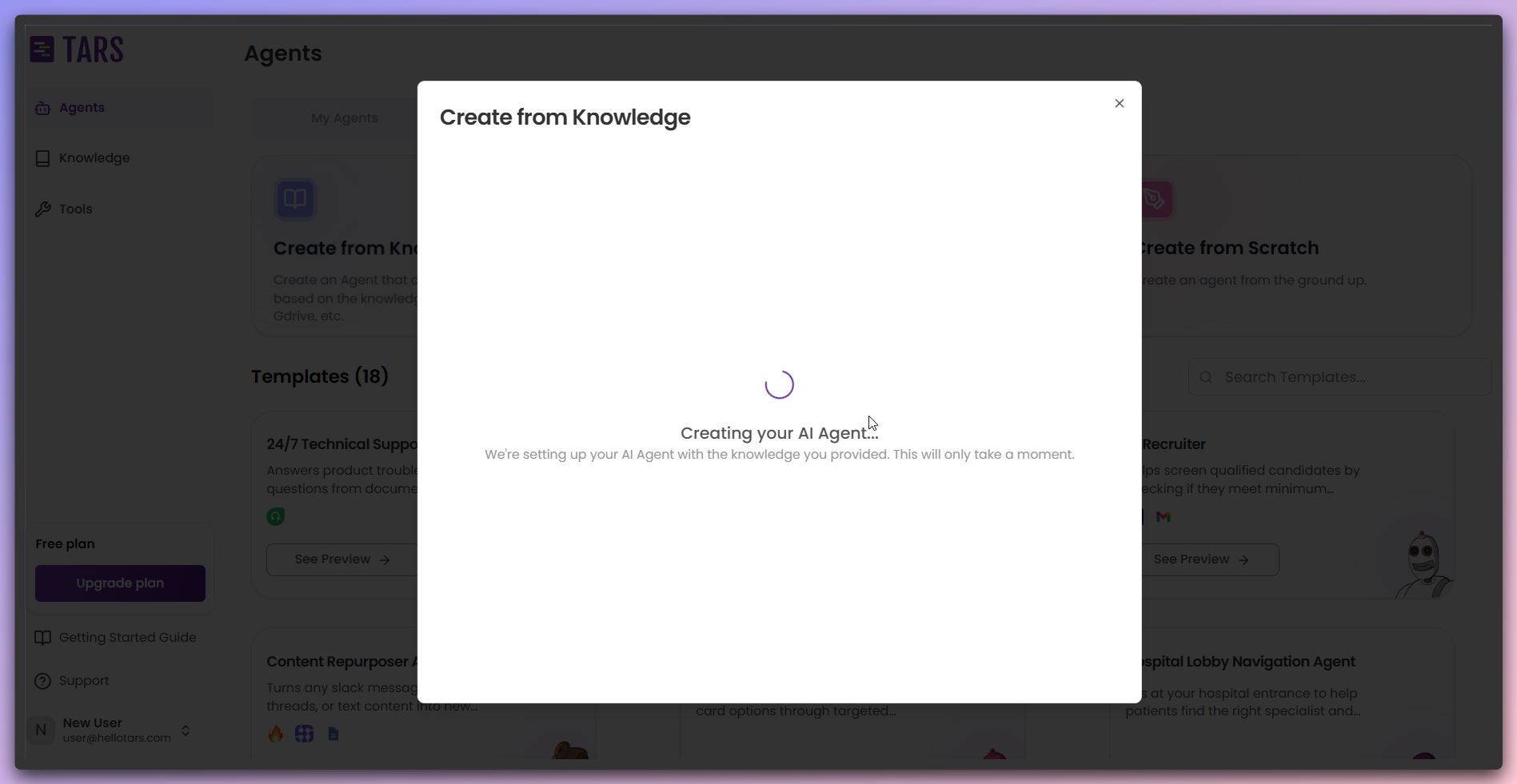 Agent creation loading process with Knowledge Base integration