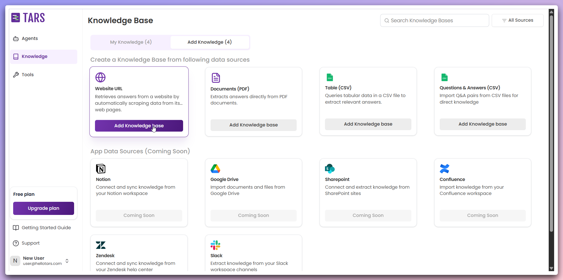 Create Knowledge Base page showing Website URL card selection