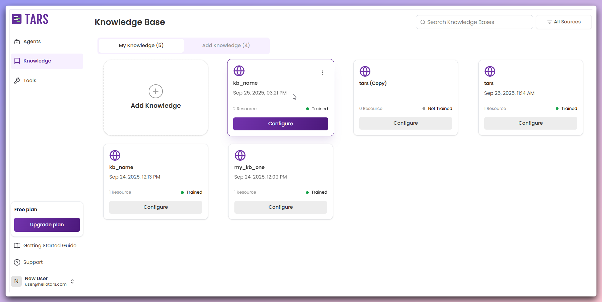 Completed Knowledge Base showing in My Knowledge Bases with status and data sources