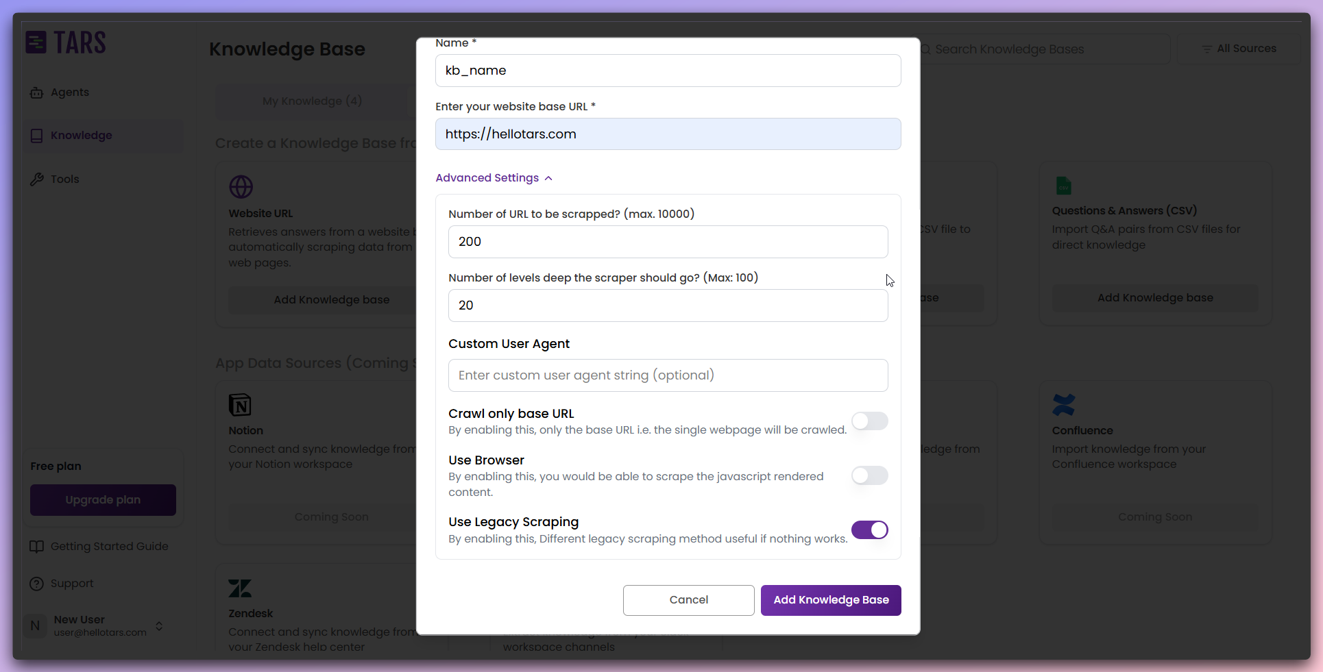 Advanced settings showing scraping configuration options