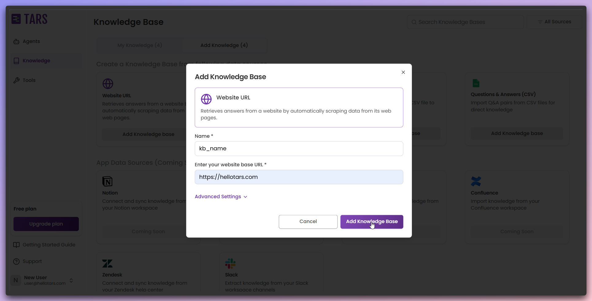 Add Knowledge Base button to proceed with creation