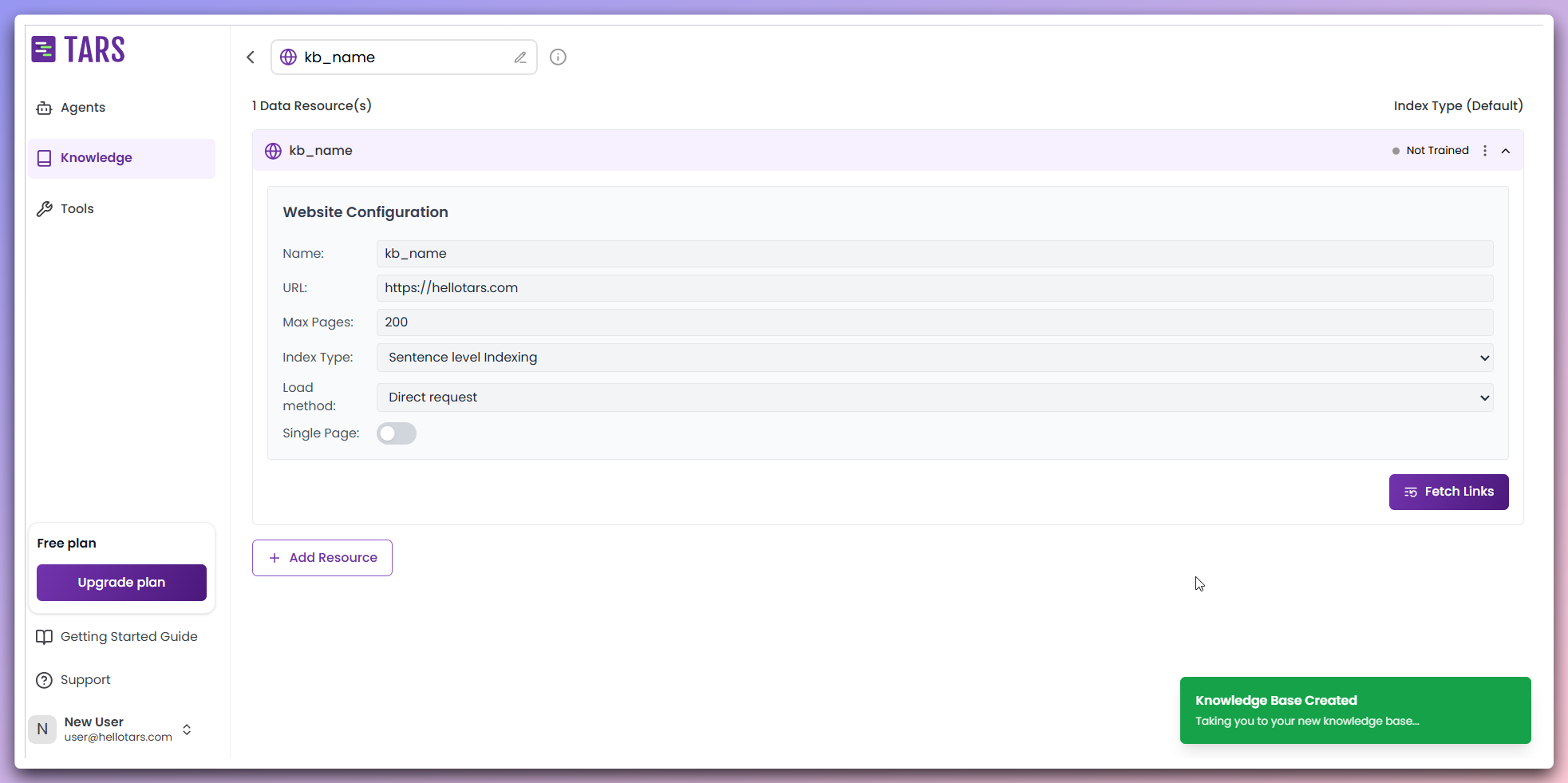 Knowledge base configuration page showing added data source