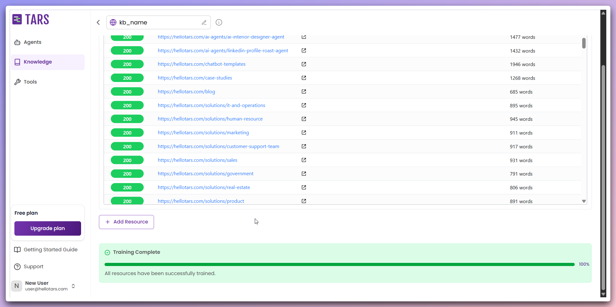 Pre-training state showing content ready for Knowledge Base training