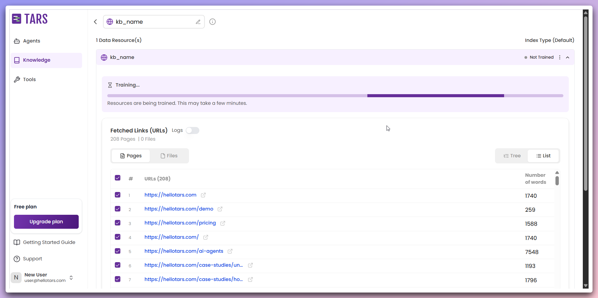 Post-fetch state showing completed scraping with content ready for training