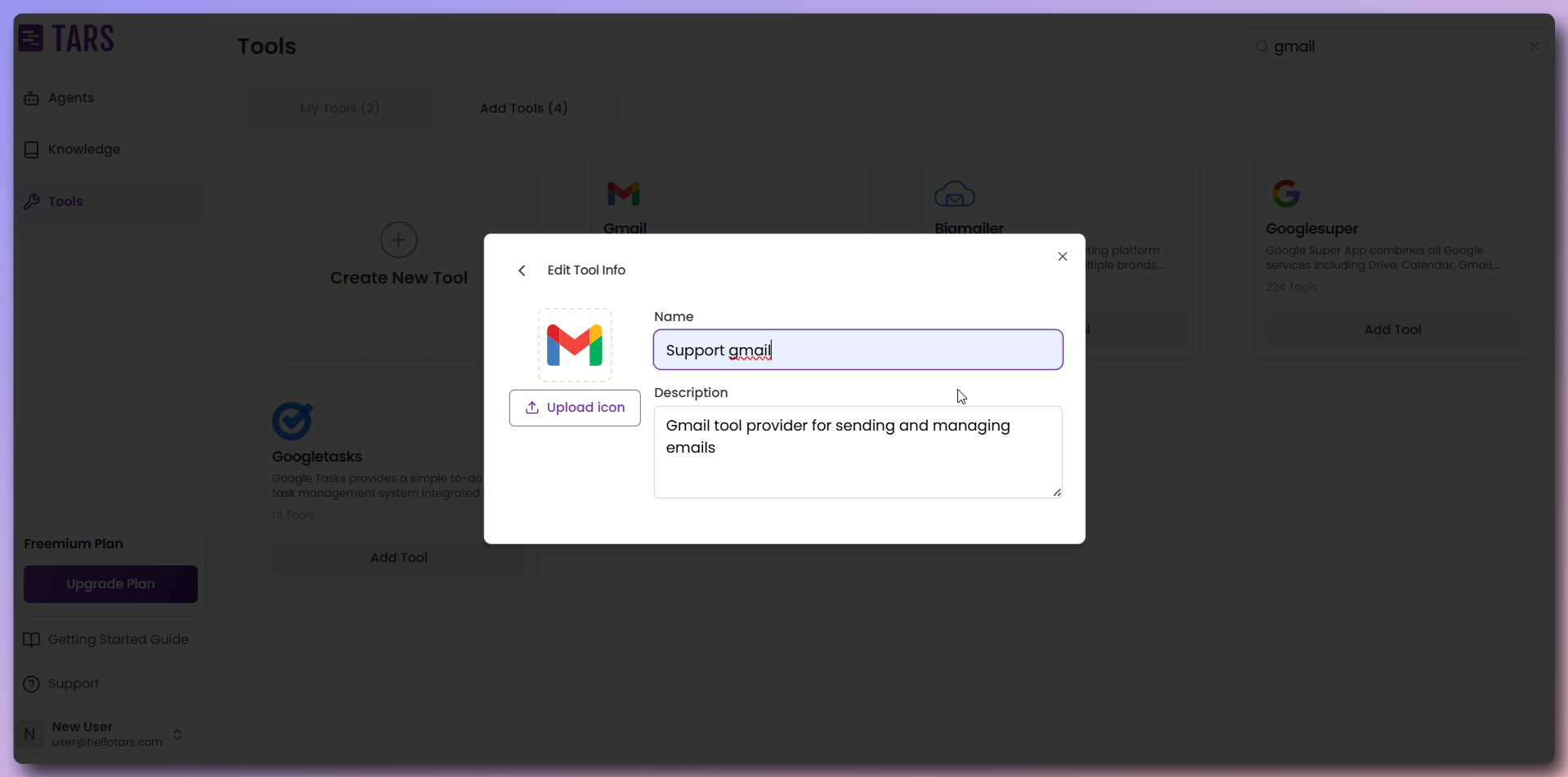 Tool configuration form with name field