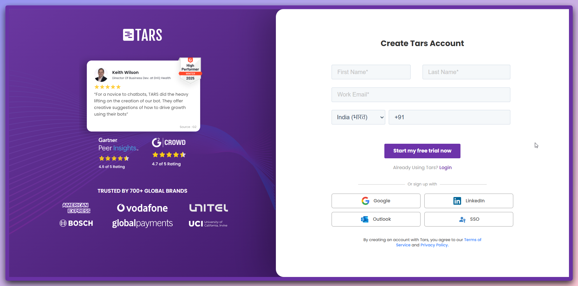 Tars account creation page showing sign upform and social login options