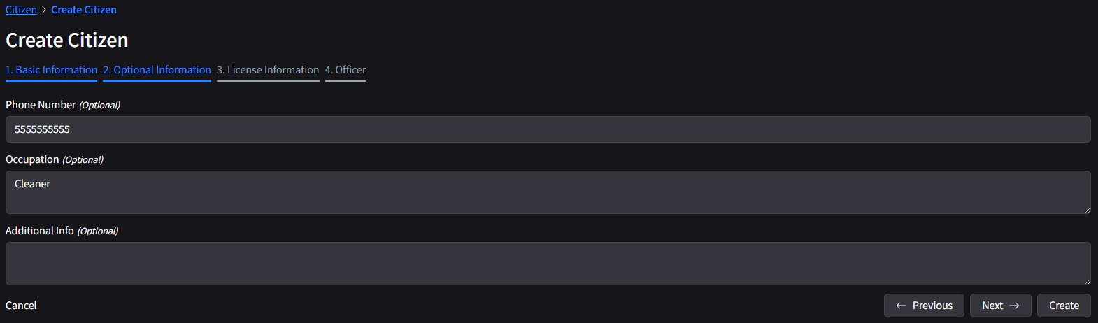 Create Civilian Additional Info