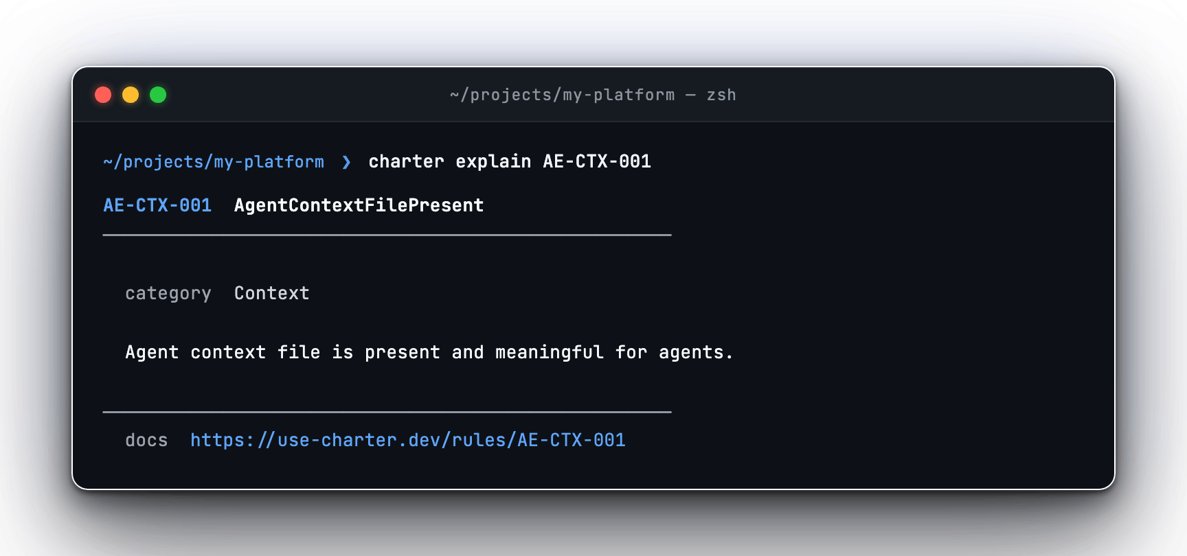 charter explain output showing rule metadata