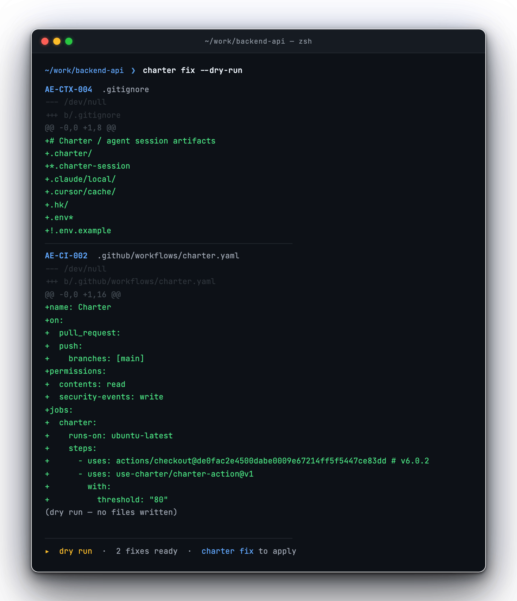 charter fix dry run showing unified diff