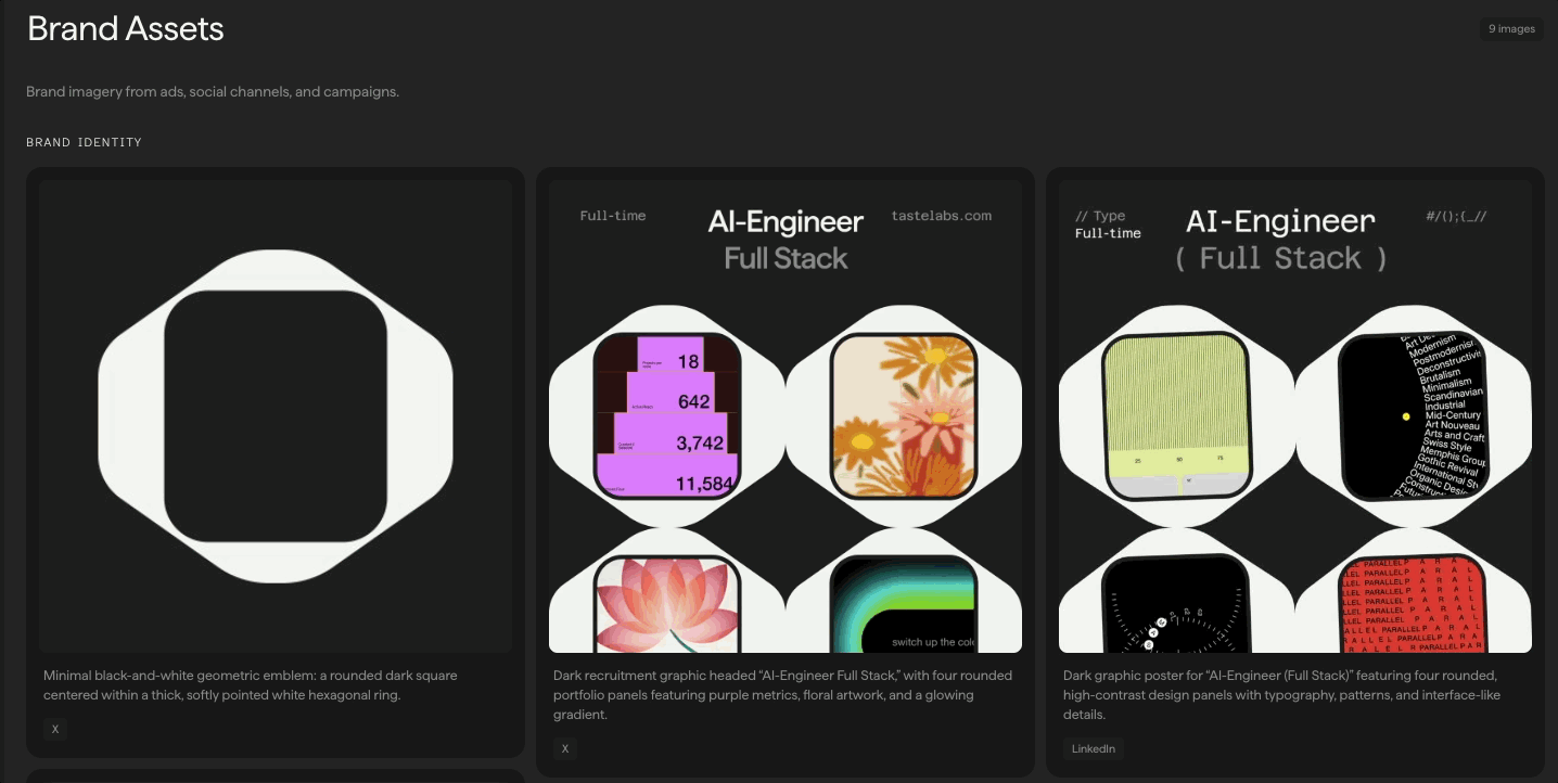 Animated walkthrough of the Brand Assets section, showing images with descriptions and source labels