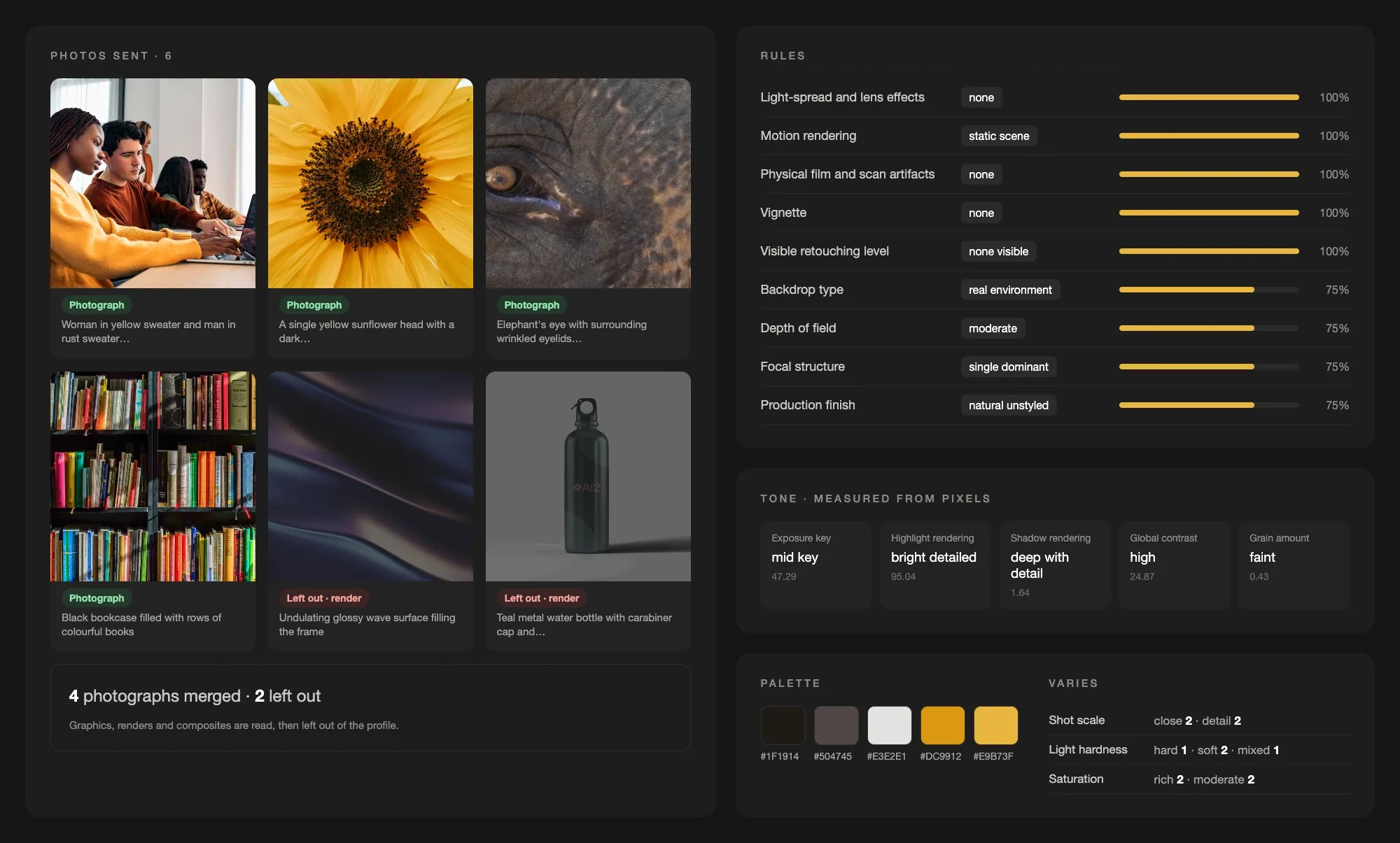 Six images sent for a photography profile: four photographs marked as merged, and an abstract render and a water bottle mockup marked as left out, next to the profile's rules with their shares, the measured tone, the palette, and the fields that vary
