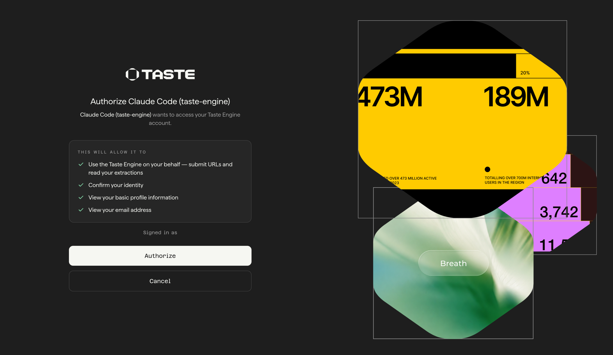 Taste Engine OAuth authorization screen granting Claude Code access to submit URLs and read extractions