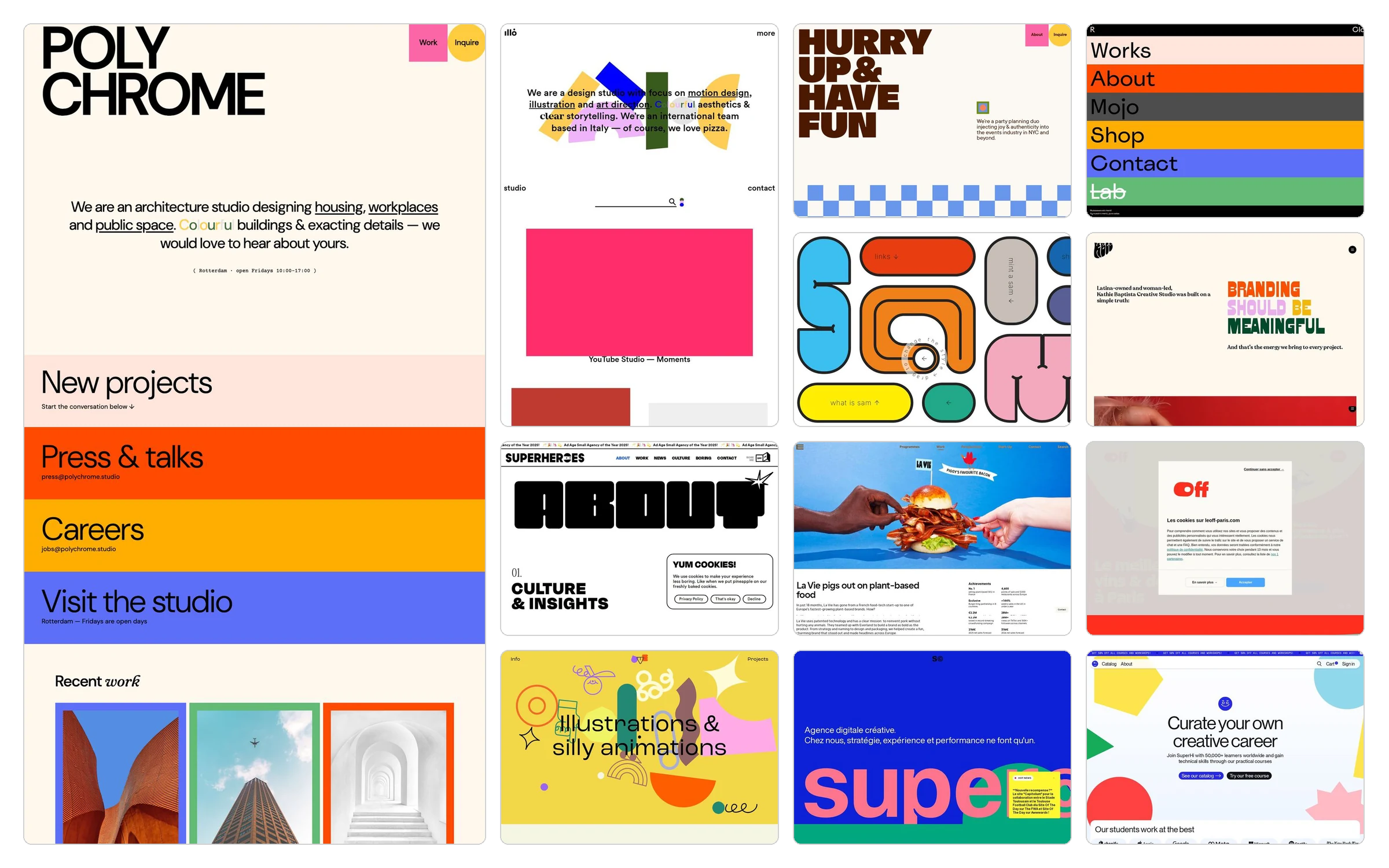 The Polychrome contact page on the left, next to a grid of eleven reference brand screenshots returned by brand search