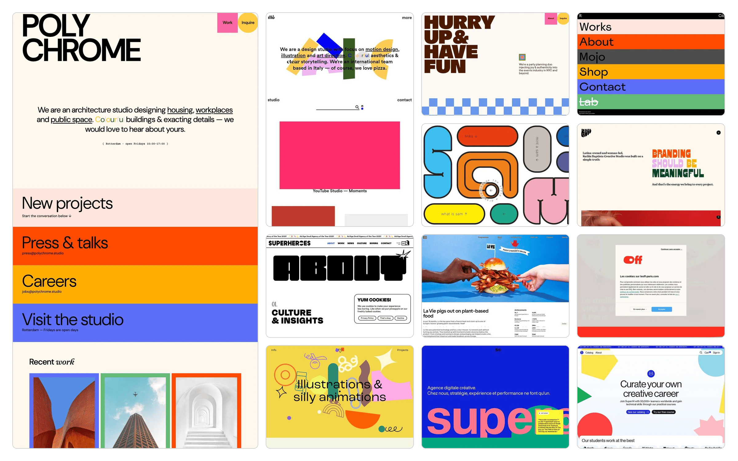 The Polychrome contact page on the left, next to a grid of eleven reference brand screenshots returned by brand search