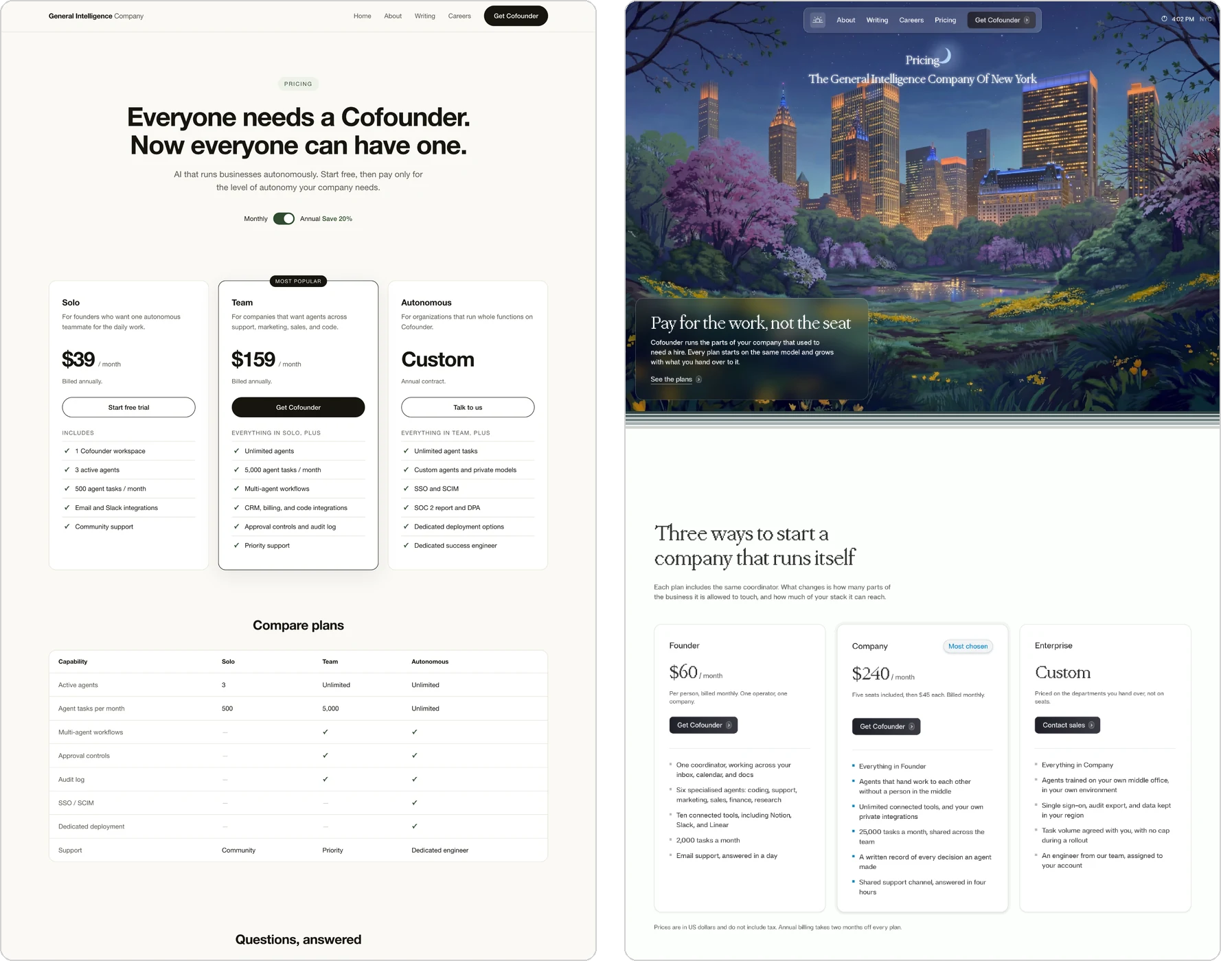 Two generated pricing pages side by side: a generic one built without Taste Engine, and an on-brand one built with brand adherence