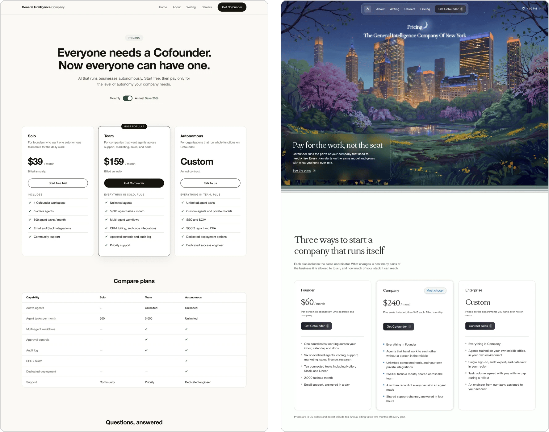 Two generated pricing pages side by side: a generic one built without Taste Engine, and an on-brand one built with brand adherence