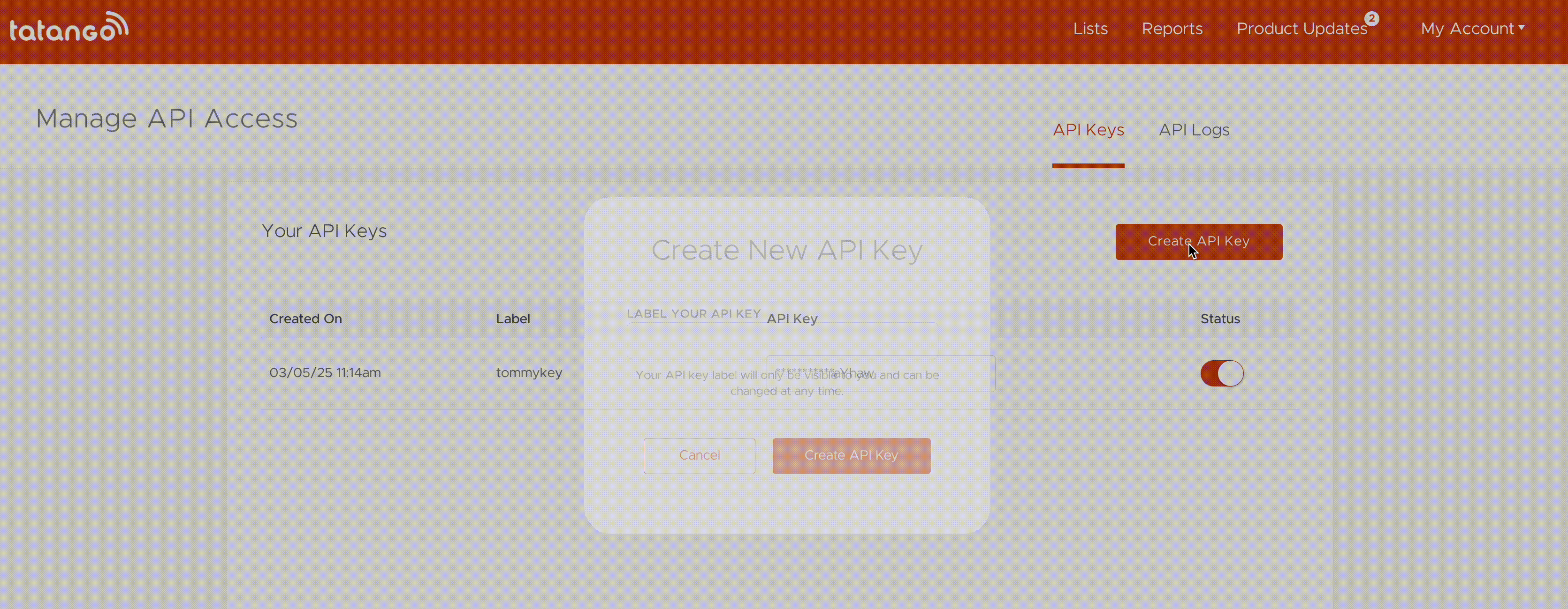 GIF showing the process of creating an API key in the Tatango App interface