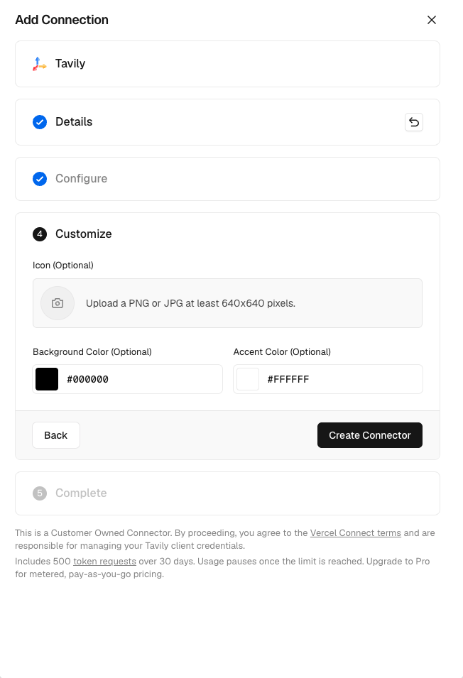 Optional connector branding and Create Connector button