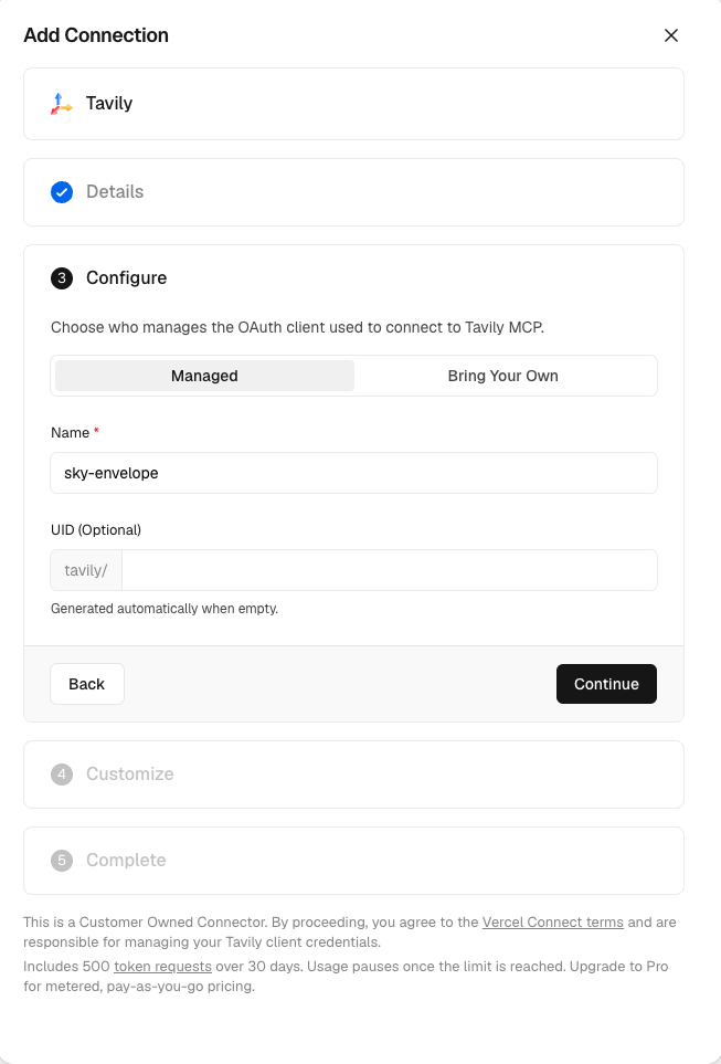 Managed OAuth configuration with connector name and optional UID