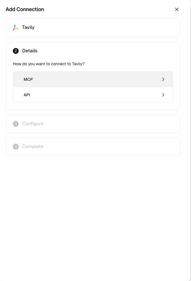 Vercel Connect offering MCP and API connections for Tavily