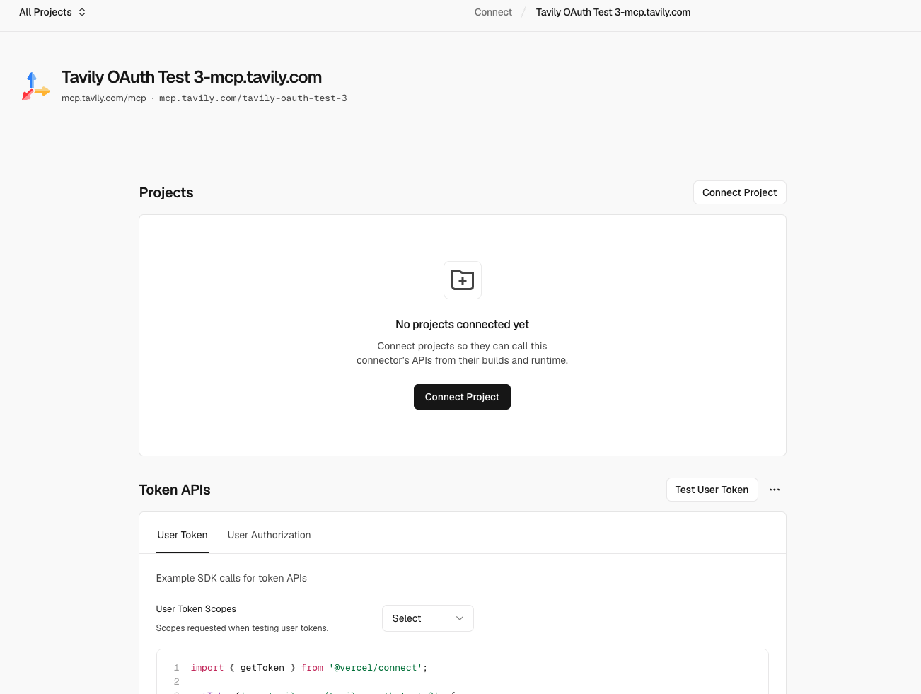 Tavily connector page with the Connect Project button