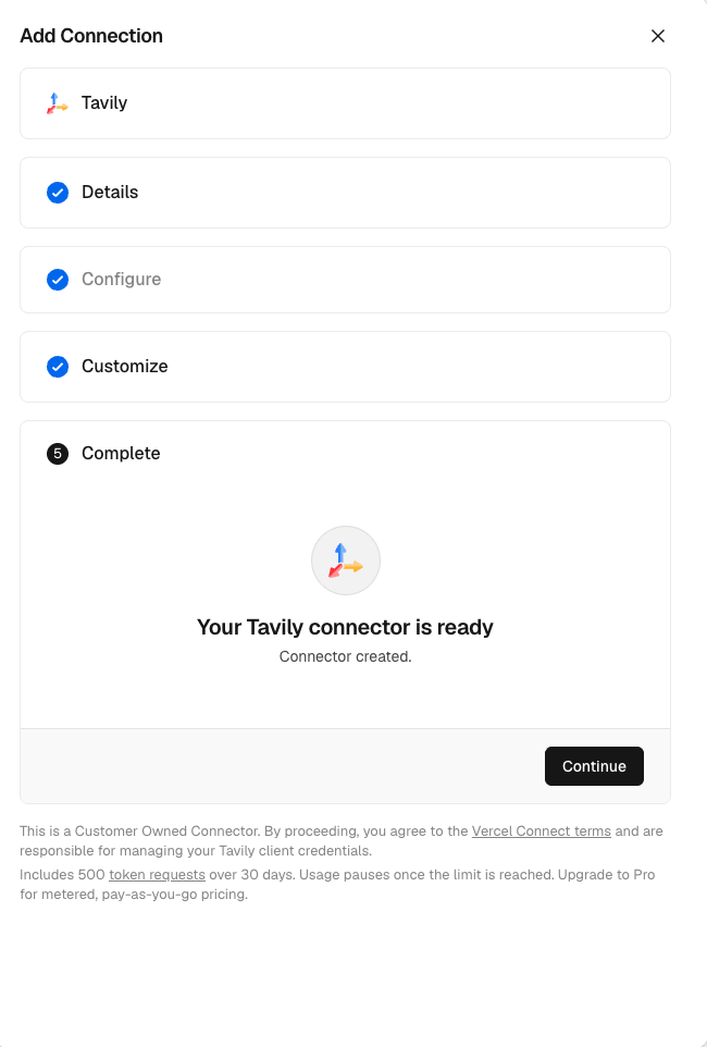 Confirmation that the Tavily connector has been created