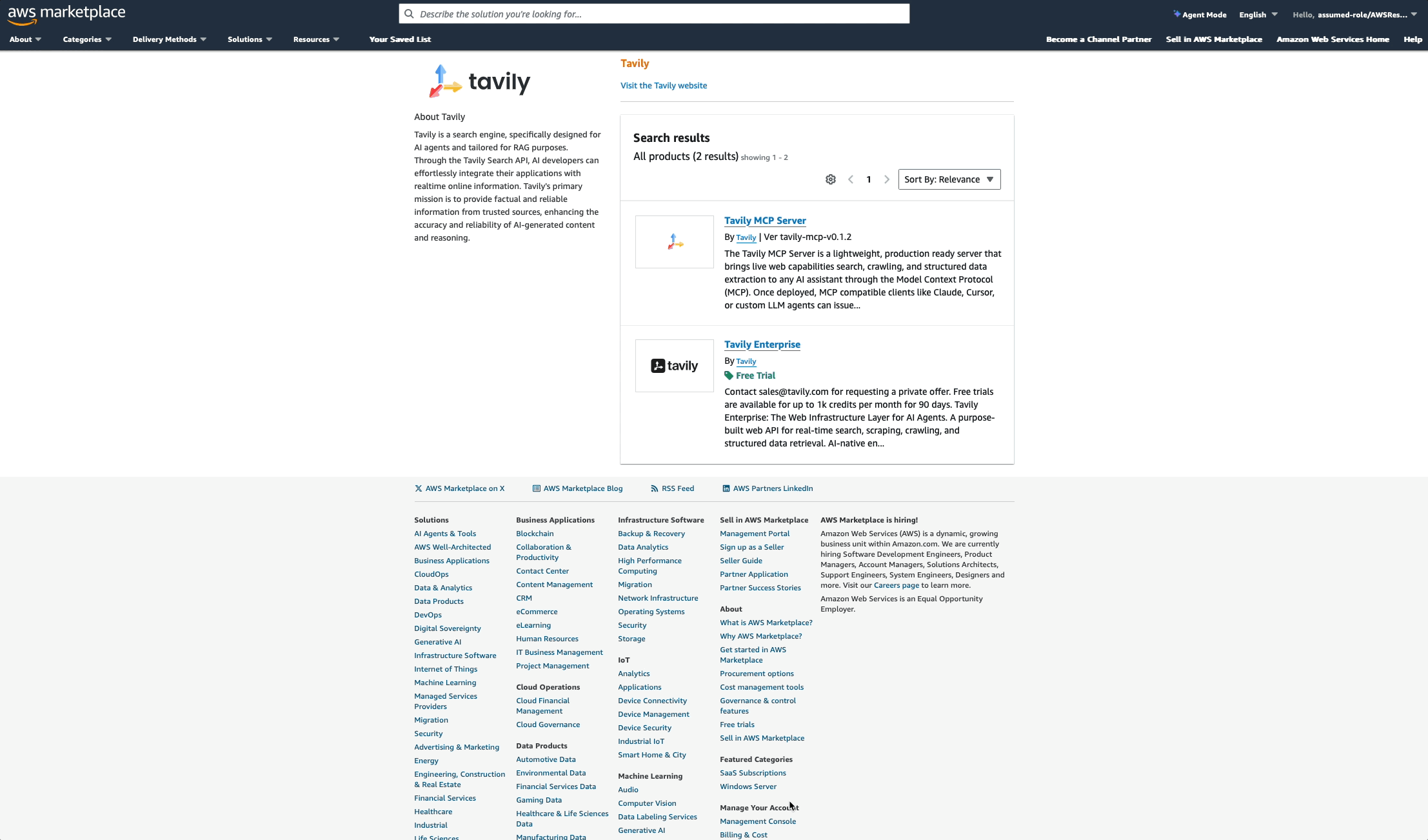 Tavily MCP Server listing on the AWS Marketplace