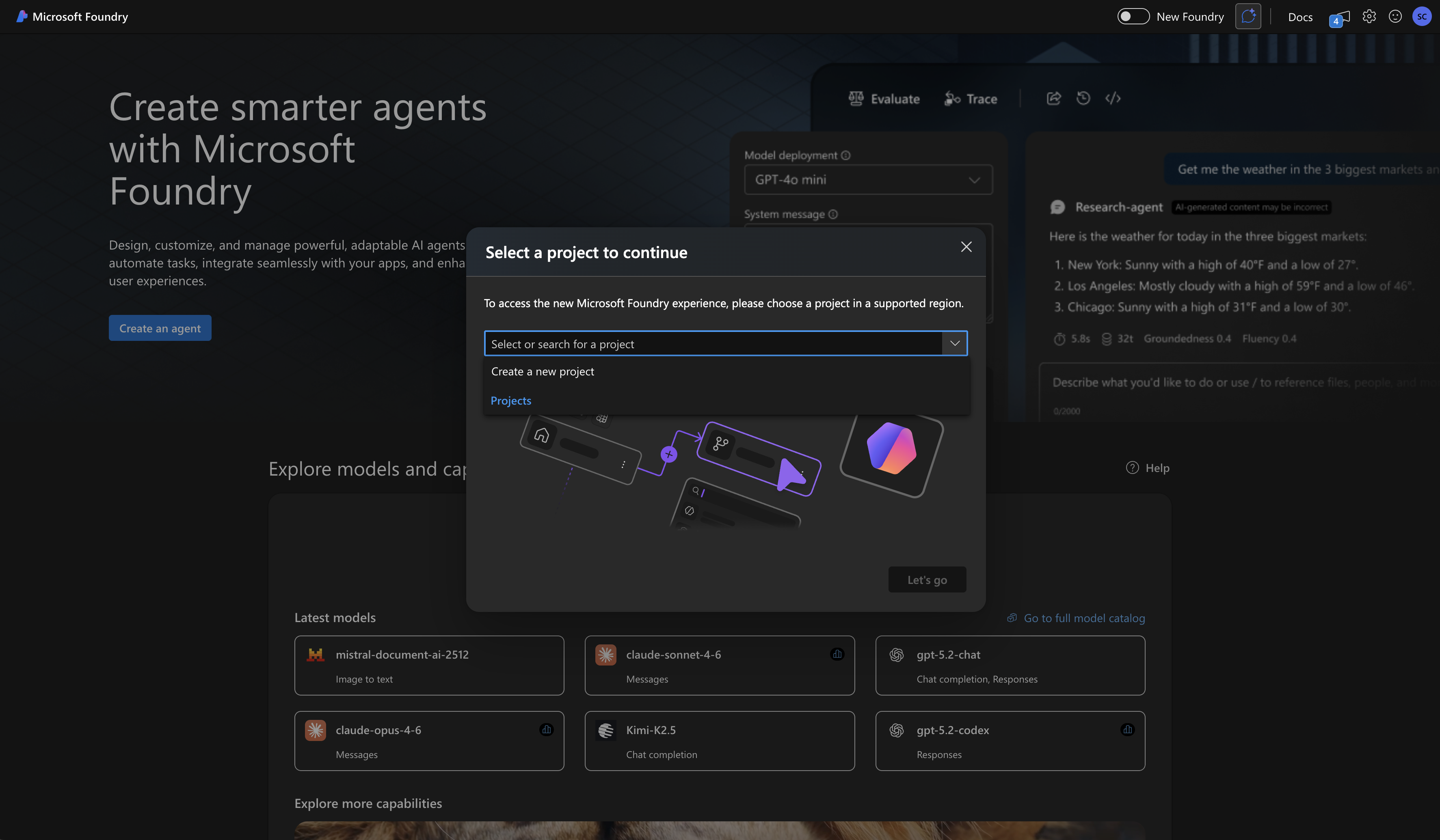 Select or create a new project in Azure AI Foundry