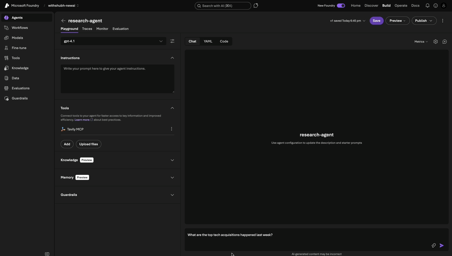 Use Tavily MCP in agent workflow in Azure AI Foundry