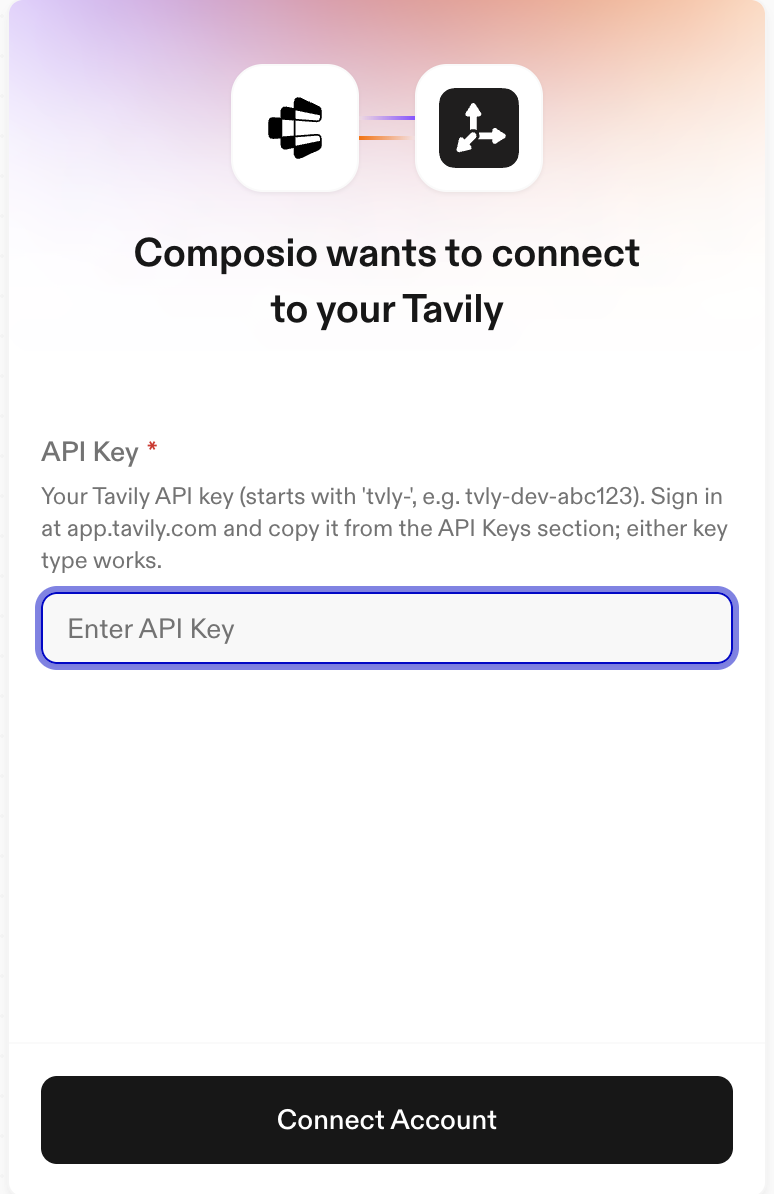Composio connection form asking for a Tavily API key