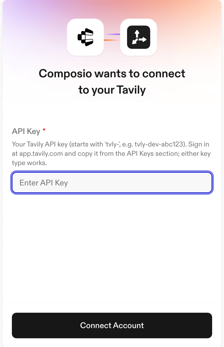 Composio connection form asking for a Tavily API key