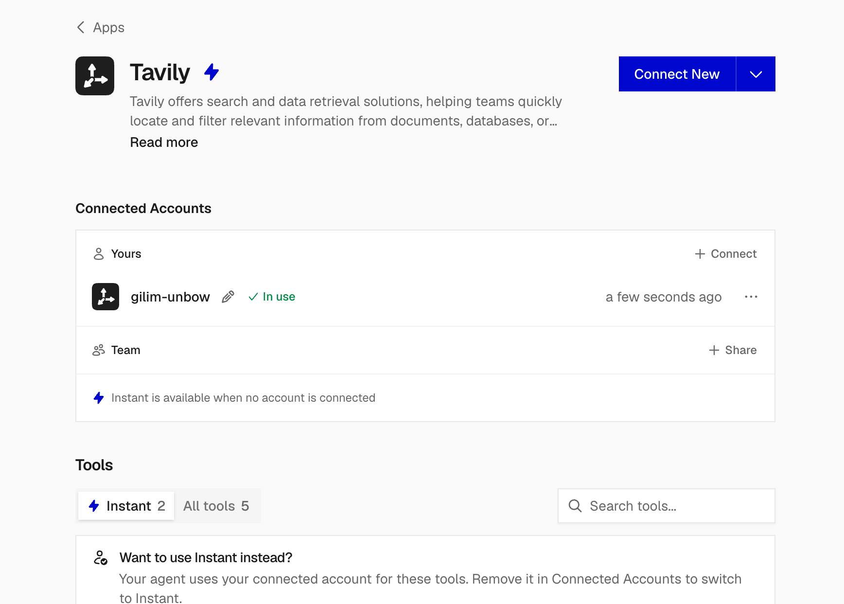 Tavily connected accounts showing Yours, In use, and the Team Share option