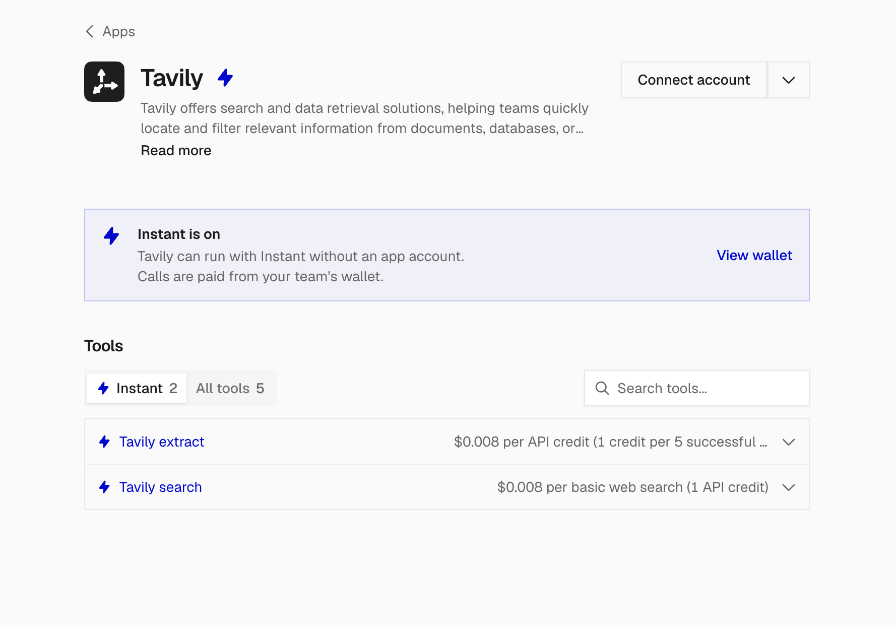 Tavily app page showing Instant enabled, a wallet link, and Search and Extract tools