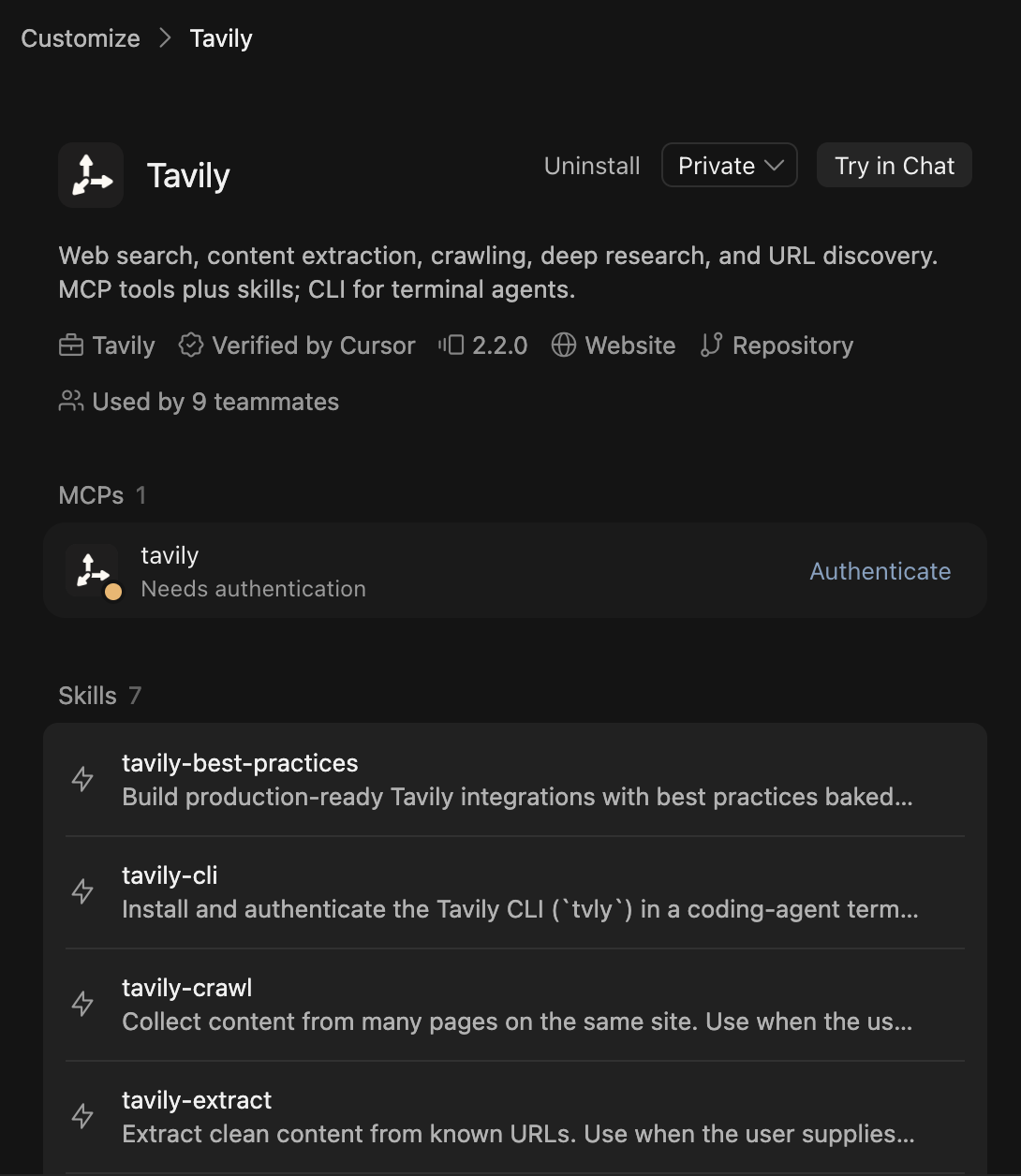 Installed Tavily plugin in Cursor showing its skills and the MCP Authenticate button