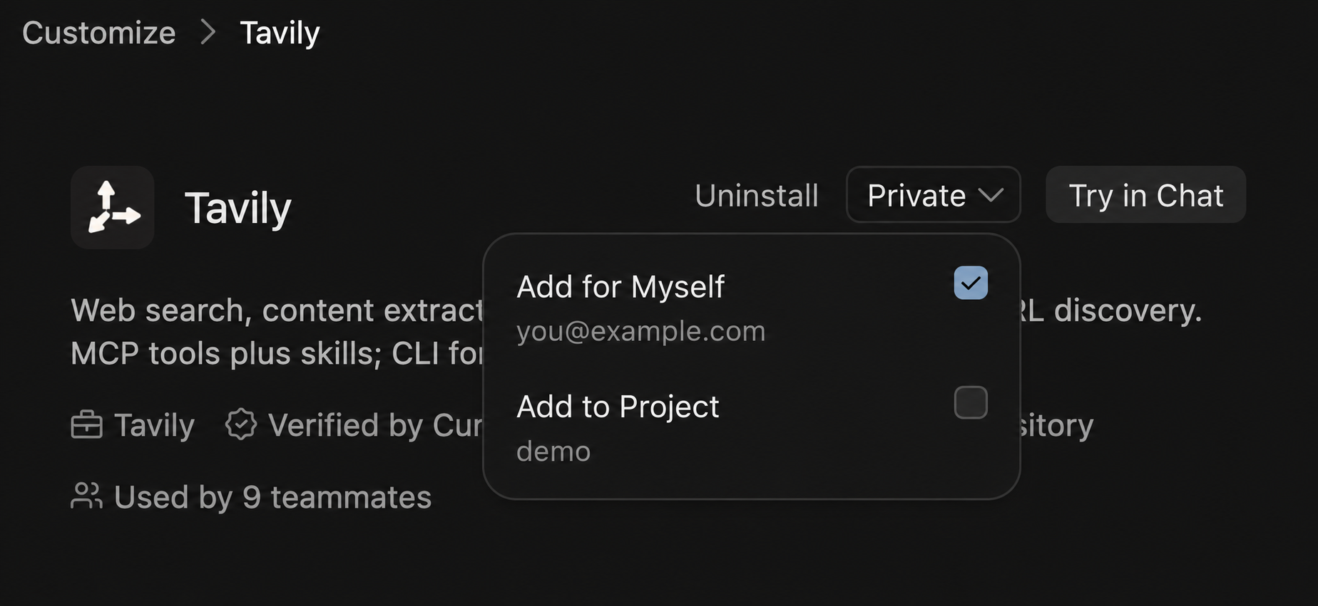 Cursor's Tavily plugin scope menu with Add for Myself and Add to Project