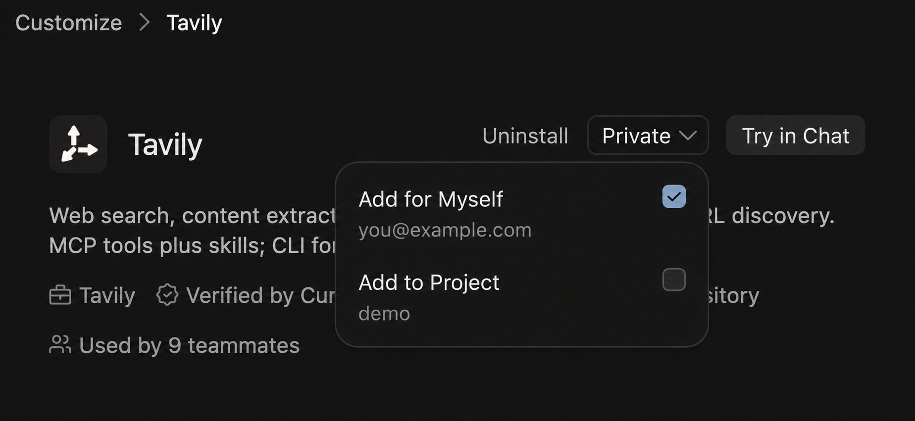 Cursor's Tavily plugin scope menu with Add for Myself and Add to Project