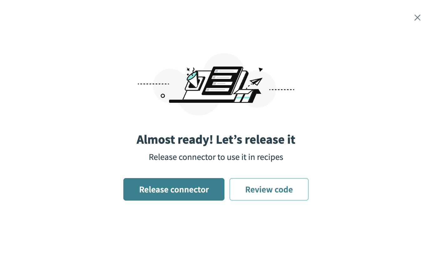 Workato dialog with Release connector and Review code buttons