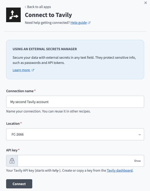 Workato Tavily connection form with connection name, project location, and API key fields