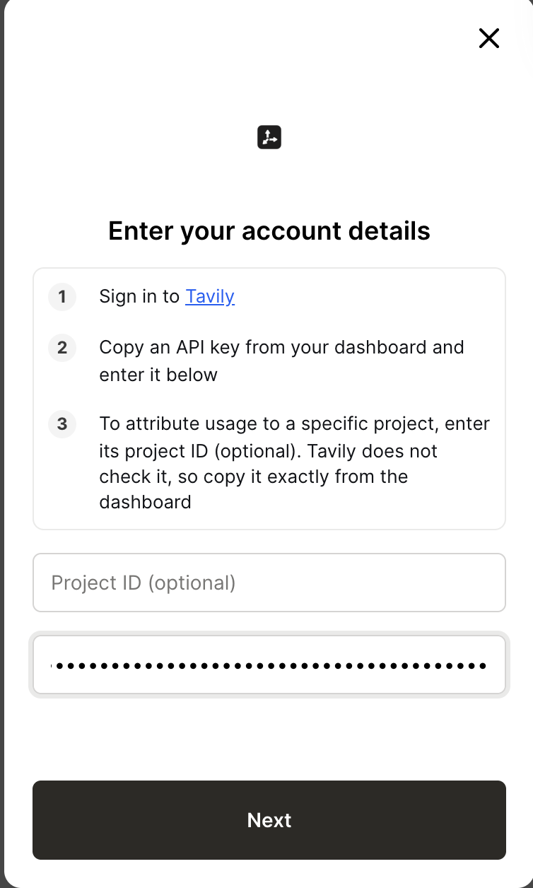 Tavily authorization form with an optional Project ID and a masked API key