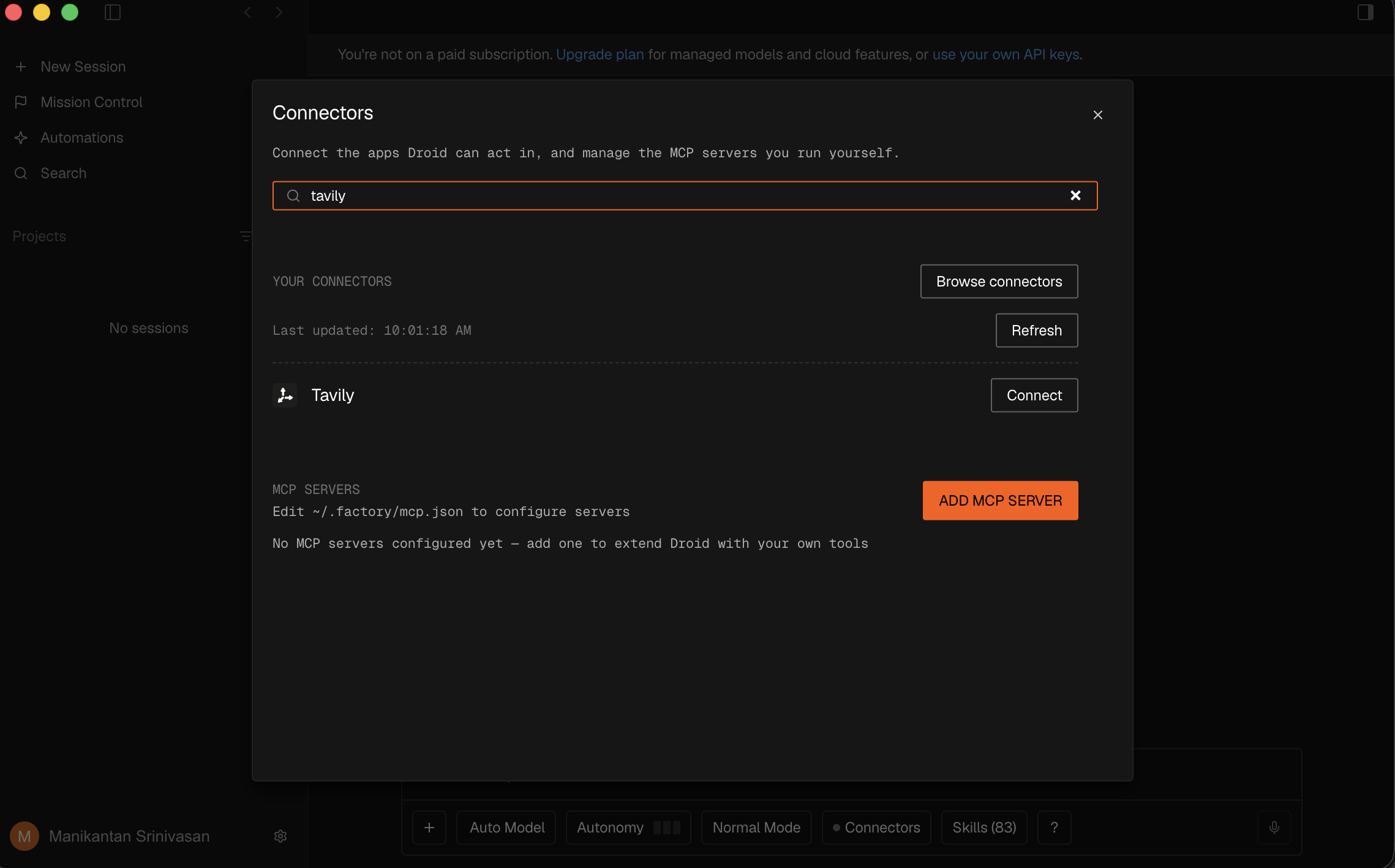Factory's Connectors dialog with Tavily and its Connect button